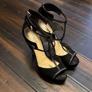 GUESS Black T-Strap Rhinestone Peep-Toe Heels
